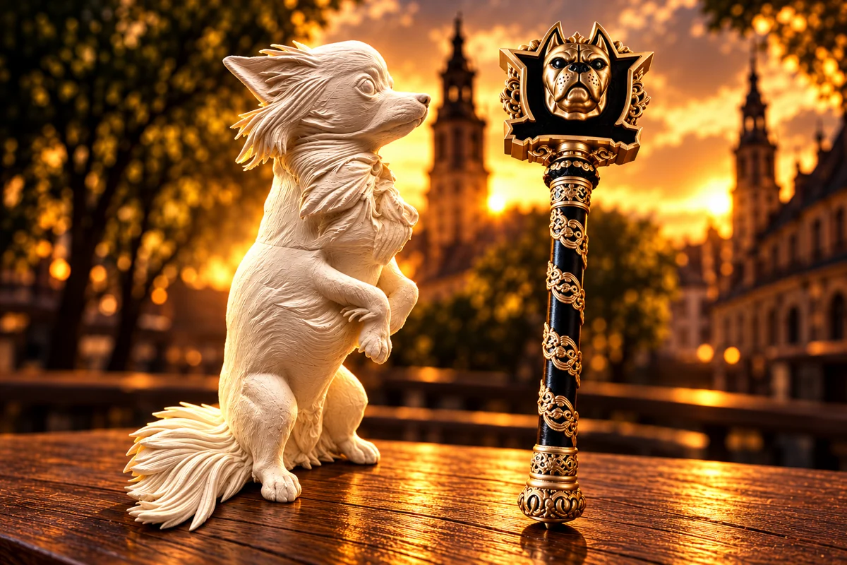 Hondfiguur en gouden scepter in een aangeleverde RikTok-visual